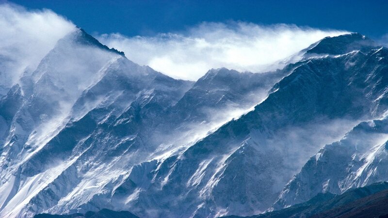 Snow-covered Mountain Peaks — Blue, Dramatic, Photograph, Clouds, Sky