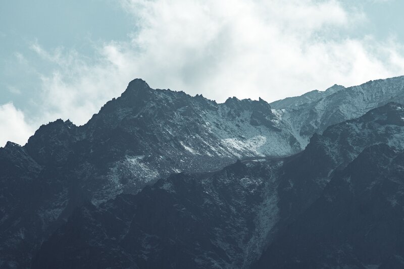 Snow-covered Mountain Peaks — Blue, Dramatic, Photograph, Mountains, Clouds