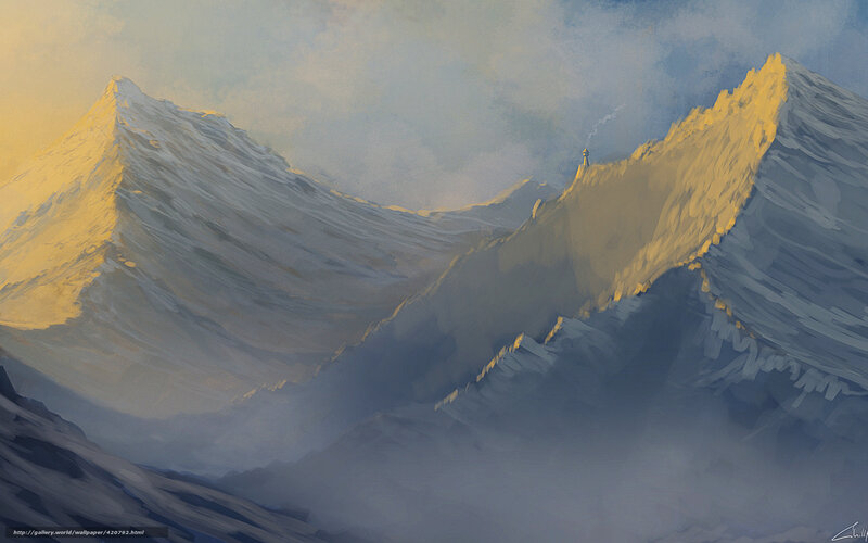 Snow-covered Mountain Peaks — Blue, Dramatic, Sunrise, Digital Art