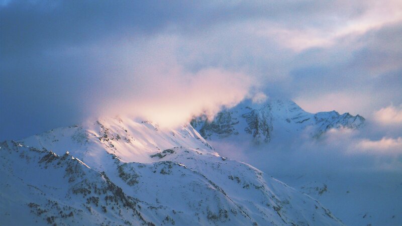 Snow-covered Mountain Peaks — Blue, Dramatic, Sunrise, Photograph, Clouds