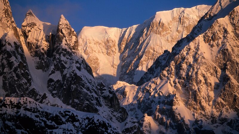 Snow-covered Mountain Peaks — Blue, Dramatic, Sunrise, Photograph, Mountains, Snow, Sky, White, Brown