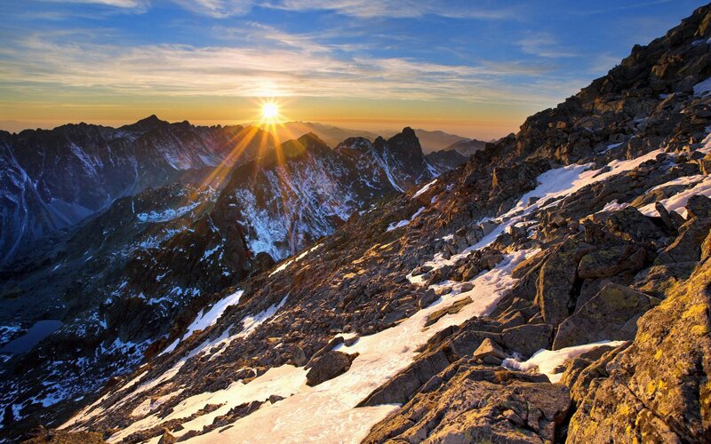 Snow-covered Mountain Peaks — Blue, Dramatic, Sunrise, Photograph, Mountains