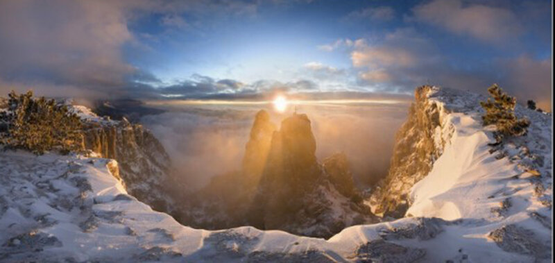 Snow-covered Mountain Peaks — Blue, Dramatic, Sunrise, Photograph, Sun