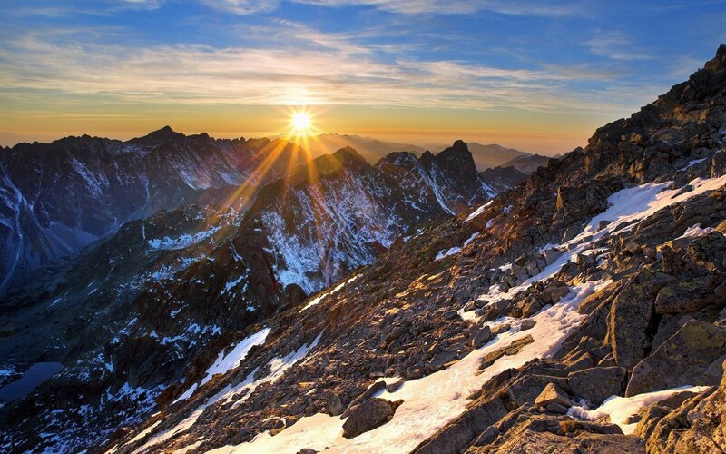Snow-covered Mountain Peaks — Blue, Dramatic, Sunrise