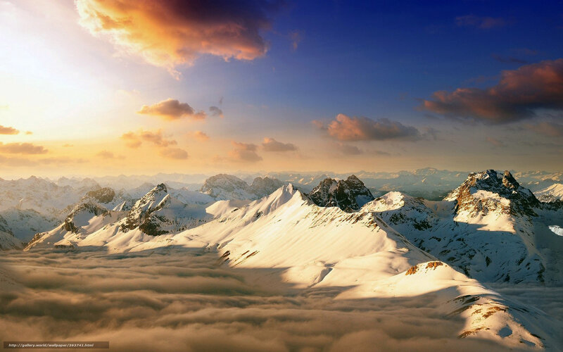 Snow-covered Mountain Peaks — Blue, Dramatic, Sunset, Photograph, Clouds, Sky, Sunlight