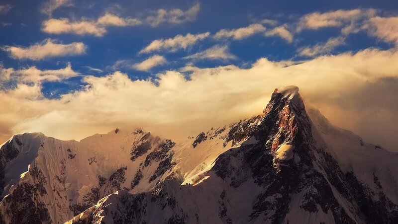 Snow-covered Mountain Peaks — Blue, Dramatic, Sunset, Photograph, Clouds, Sky