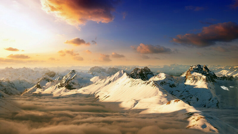 Snow-covered Mountain Peaks — Blue, Dramatic, Sunset, Photograph, Clouds