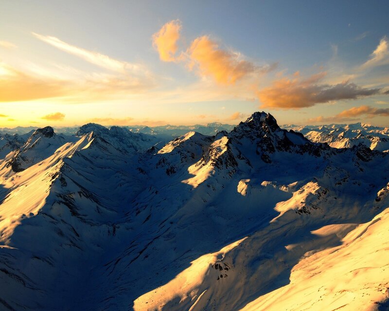 Snow-covered Mountain Peaks — Blue, Dramatic, Sunset, Photograph, Mountains, Sky, Clouds, Snow