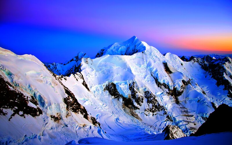 Snow-covered Mountain Peaks — Blue, Dramatic, Sunset, Photograph