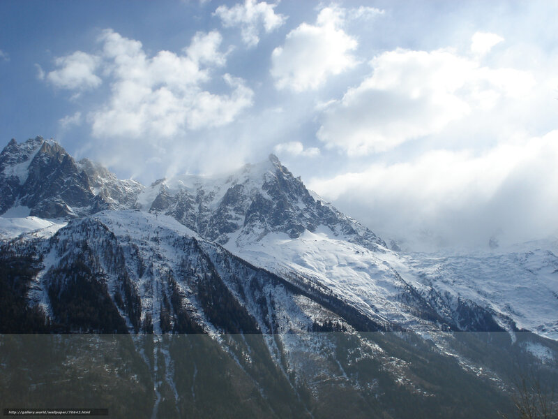 Snow-covered Mountain Peaks — Blue, Dramatic, Winter, Photograph, Clouds, Trees