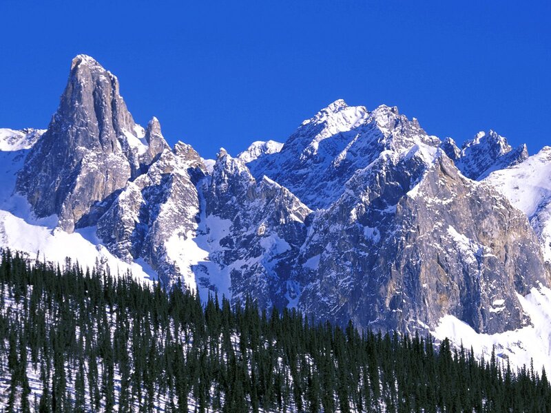 Snow-covered Mountain Peaks — Blue, Dramatic, Winter, Photograph, Forest