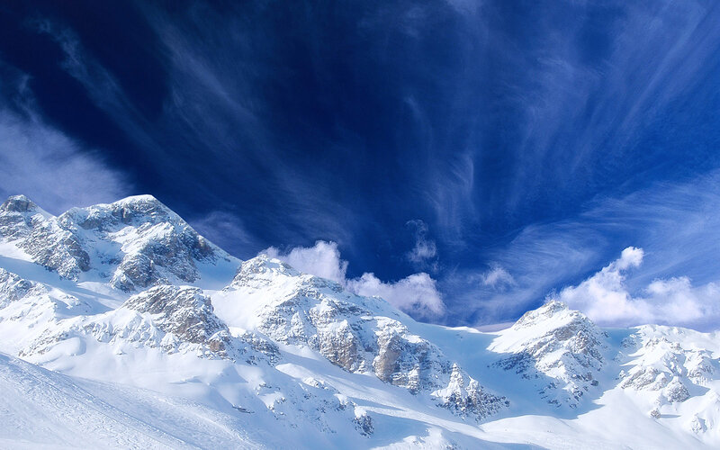 Snow-covered Mountain Peaks — Blue, Dramatic, Winter, Photograph, Mountains, Clouds