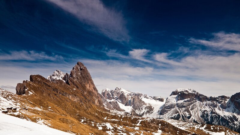 Snow-covered Mountain Peaks — Blue, Dramatic, Winter, Photograph, Mountains, Sky, Clouds, Snow