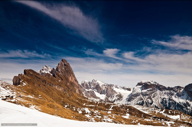 Snow-covered Mountain Peaks — Blue, Dramatic, Winter, Photograph, Mountains, Sky, Clouds