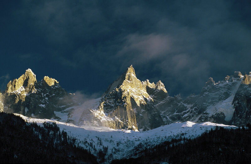 Snow-covered Mountain Peaks — Blue, Dramatic, Winter, Photograph, Mountains, Snow, Clouds