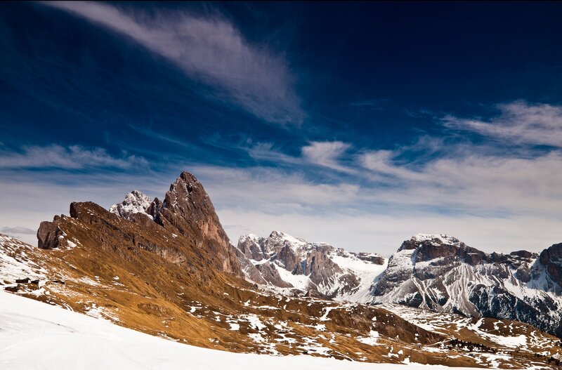 Snow-covered Mountain Peaks — Blue, Dramatic, Winter, Photograph, Mountains, Snow, Sky, Clouds, White