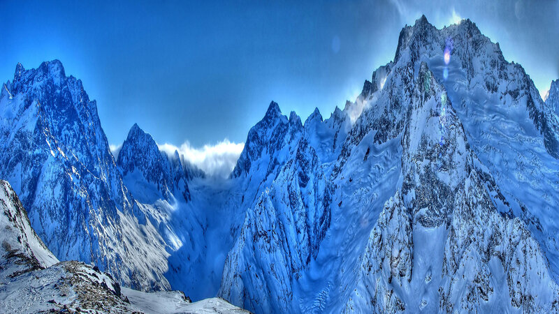 Snow-covered Mountain Peaks — Blue, Dramatic, Winter, Photograph, Mountains, Snow, Sky
