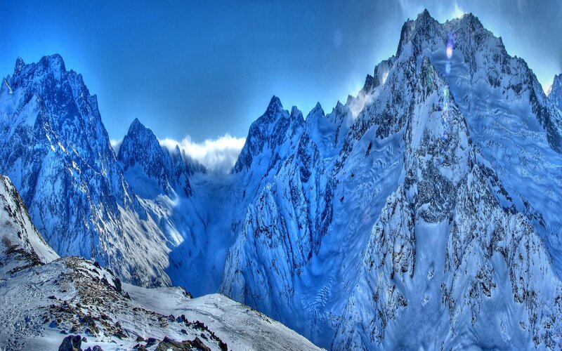 Snow-covered Mountain Peaks — Blue, Dramatic, Winter, Photograph, Mountains, Snow