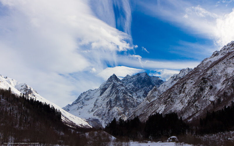 Snow-covered Mountain Peaks — Blue, Dramatic, Winter, Photograph, Mountains, Trees, Clouds