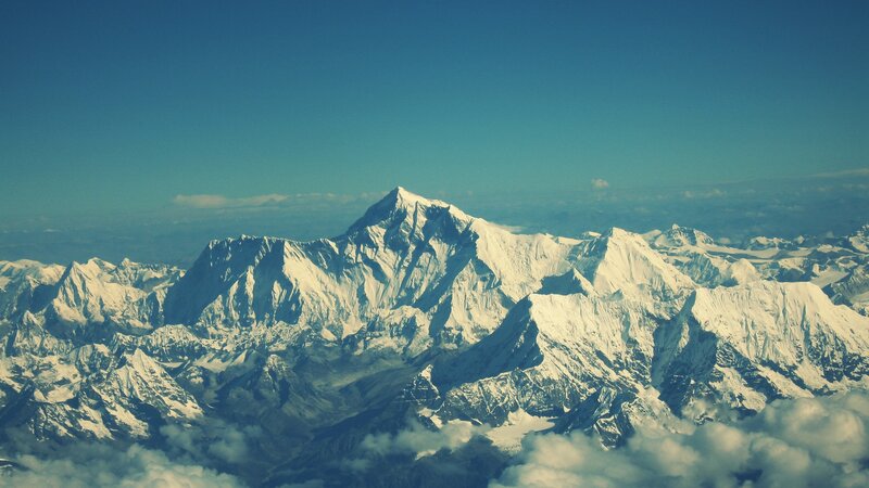Snow-covered Mountain Peaks — Blue, Serene, Afternoon, Photograph, Mountains, Clouds