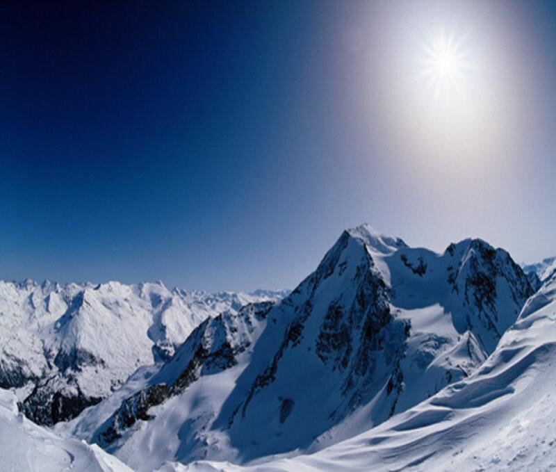 Snow-covered Mountain Peaks — Blue, Serene, Afternoon, Photograph, Sun, Sky