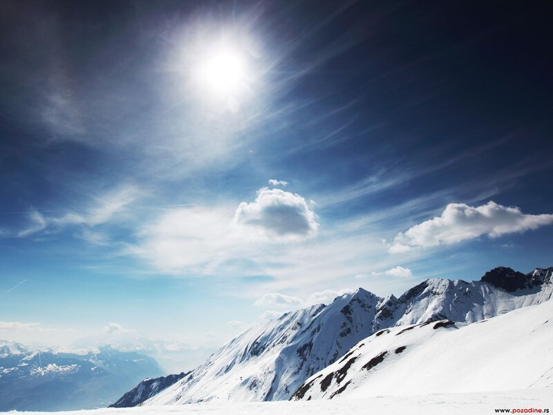 Snow-covered Mountain Peaks — Blue, Serene, Afternoon, Photograph, Sun