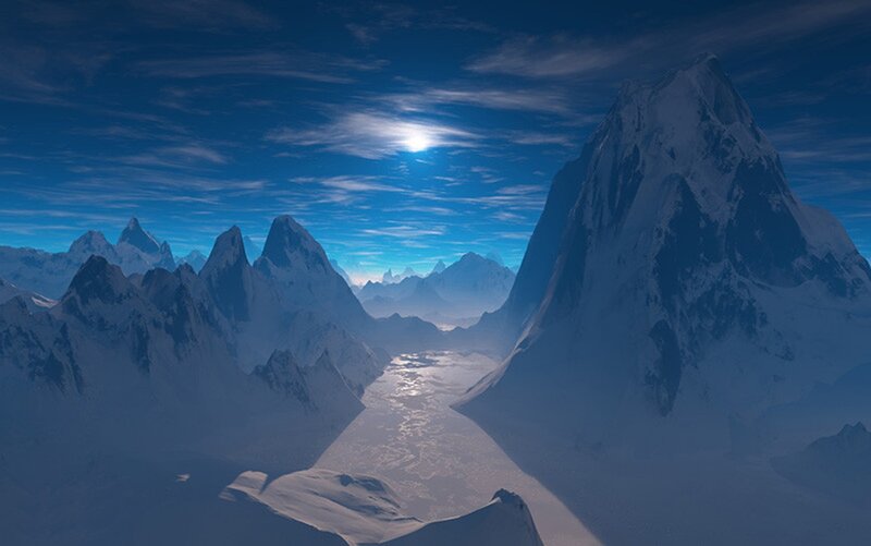 Snow-covered Mountain Peaks — Blue, Serene, Morning, 3d Render