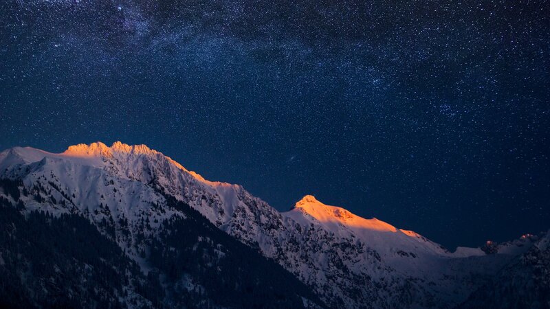 Snow-covered Mountain Peaks — Blue, Serene, Night, Photograph, Stars, Sky, Trees