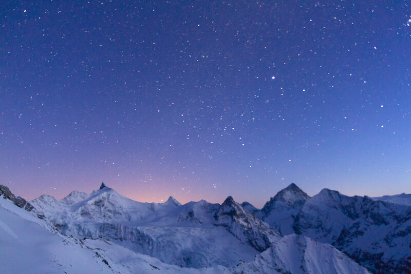 Snow-covered Mountain Peaks — Blue, Serene, Night