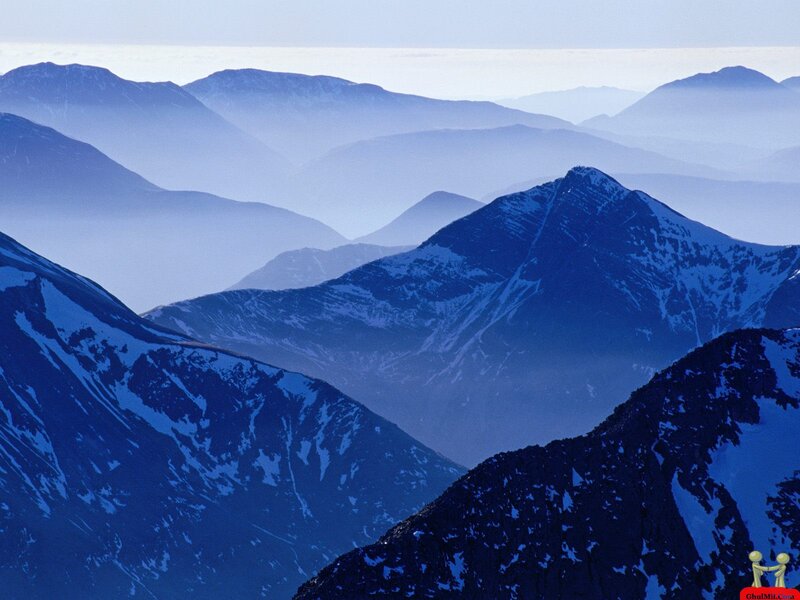 Snow-covered Mountain Peaks — Blue, Serene, Photograph