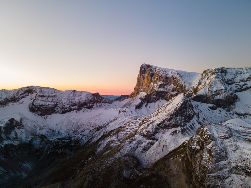 Snow-covered Mountain Peaks — Blue, Serene, Sunset, Photograph, Mountains, Snow