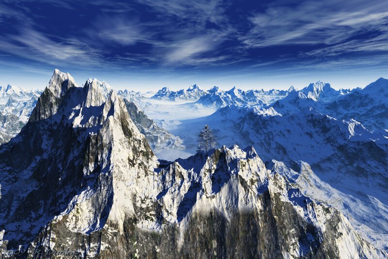 Snow-covered Mountain Peaks — Blue, Serene, Winter, Digital Art