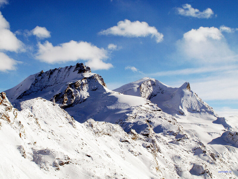 Snow-covered Mountain Peaks — Blue, Serene, Winter, Photograph, Clouds, Sky