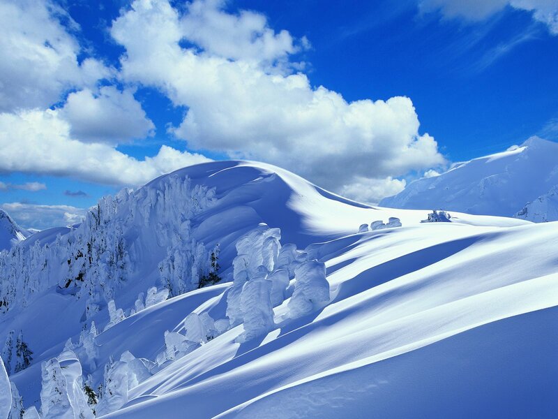 Snow-covered Mountain Peaks — Blue, Serene, Winter, Photograph, Clouds, Trees