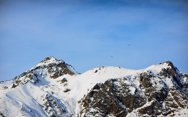 Snow-covered Mountain Peaks — Blue, Serene, Winter, Photograph, Mountains, Sky, Birds