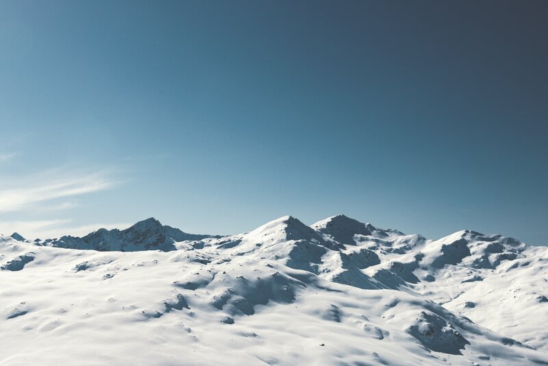 Snow-covered Mountain Peaks — Blue, Serene, Winter, Photograph, Mountains, Sky, Snow