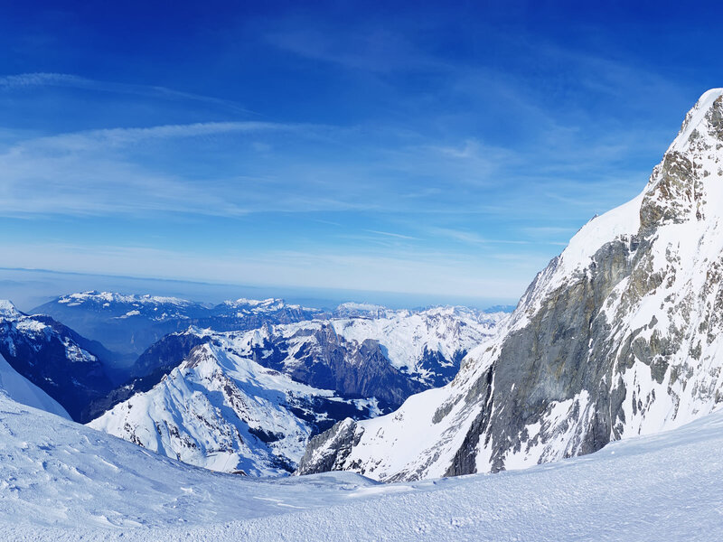 Snow-covered Mountain Peaks — Blue, Serene, Winter, Photograph, Mountains, Sky, Snow, White