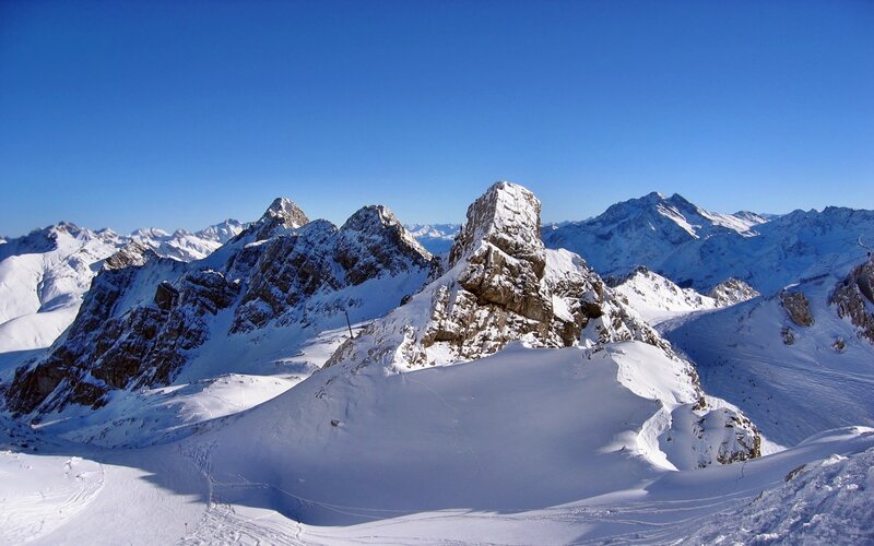 Snow-covered Mountain Peaks — Blue, Serene, Winter, Photograph, Mountains, Sky