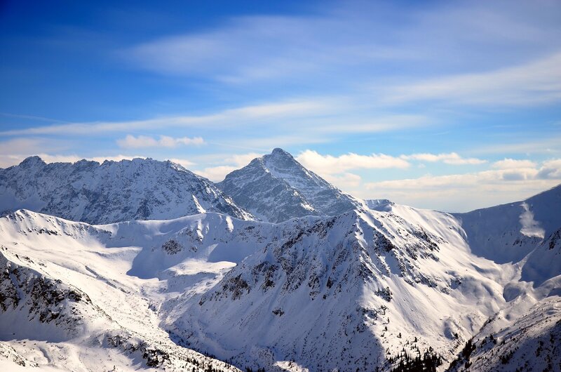 Snow-covered Mountain Peaks — Blue, Serene, Winter, Photograph, Mountains, Snow, Sky, Clouds