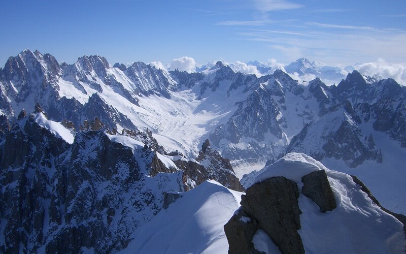 Snow-covered Mountain Peaks — Blue, Serene, Winter, Photograph, Mountains, Snow, Sky