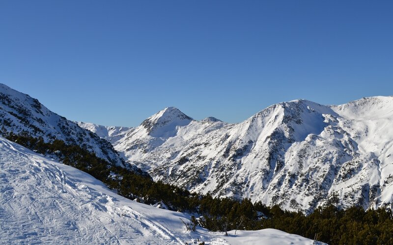 Snow-covered Mountain Peaks — Blue, Serene, Winter, Photograph, Mountains, Snow, Trees