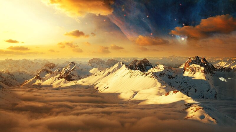 Snow-covered Mountain Peaks — Gold, Dramatic