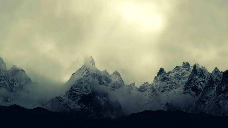 Snow-covered Mountain Peaks — Gray, Dramatic, Photograph, Clouds, Mountains, Sky