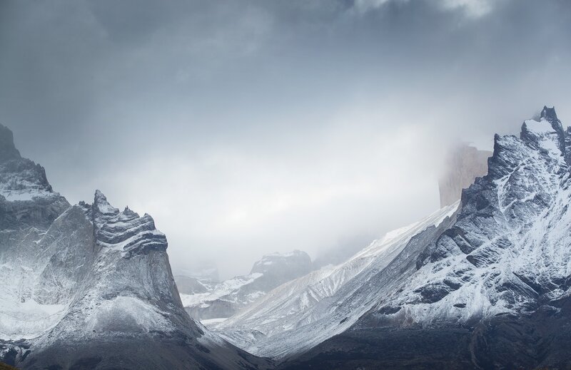 Snow-covered Mountain Peaks — Gray, Dramatic, Photograph, Clouds, Rock
