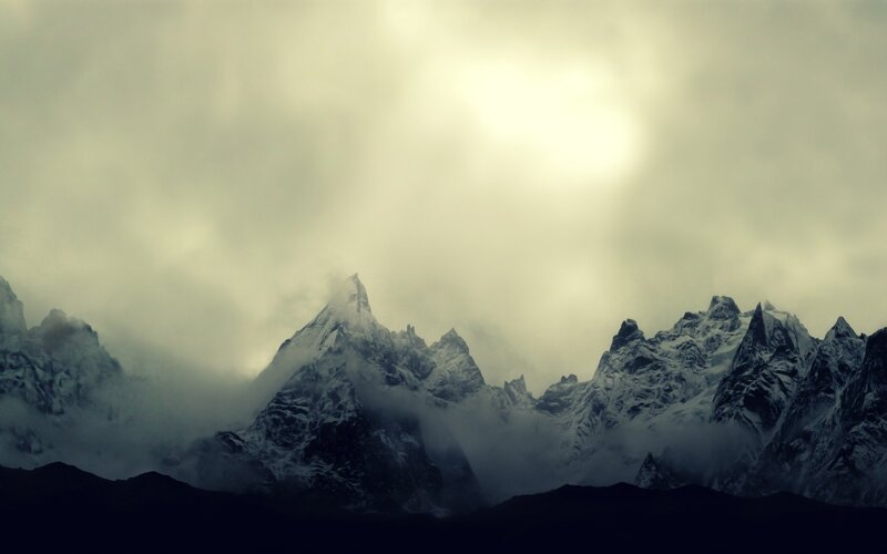 Snow-covered Mountain Peaks — Gray, Dramatic, Photograph, Clouds