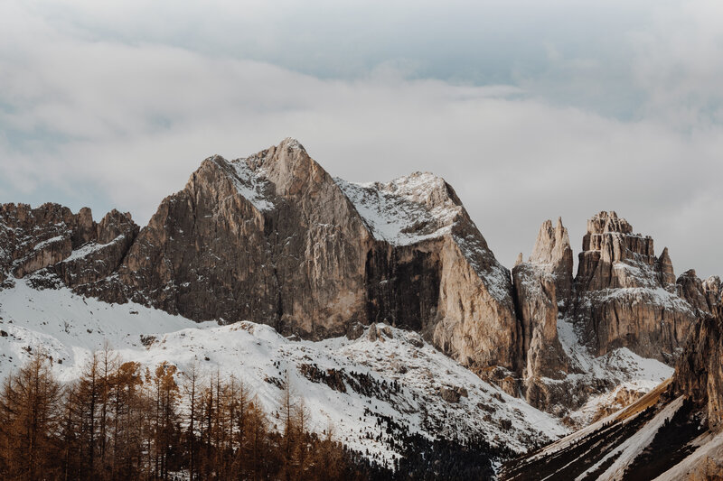 Snow-covered Mountain Peaks — Gray, Dramatic, Winter, Photograph, Trees
