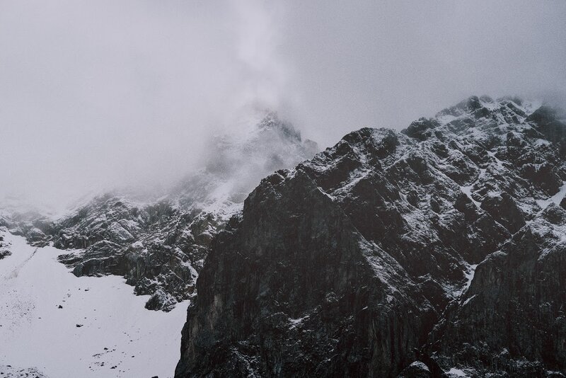 Snow-covered Mountain Peaks — Gray, Dreary