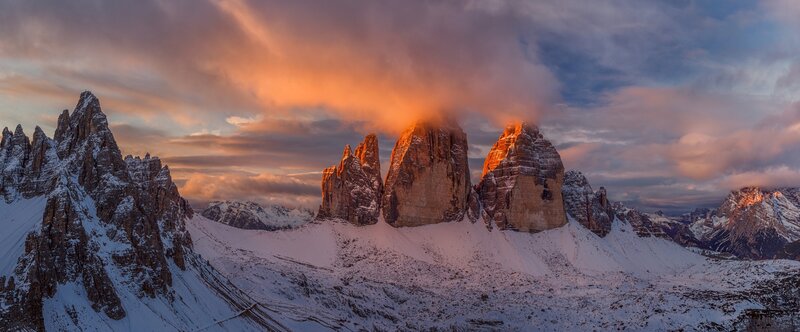 Snow-covered Mountain Peaks — Orange, Dramatic, Sunrise, Photograph, Mountains