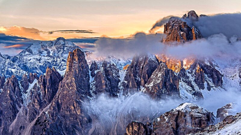 Snow-covered Mountain Peaks — Orange, Dramatic, Sunrise, Photograph