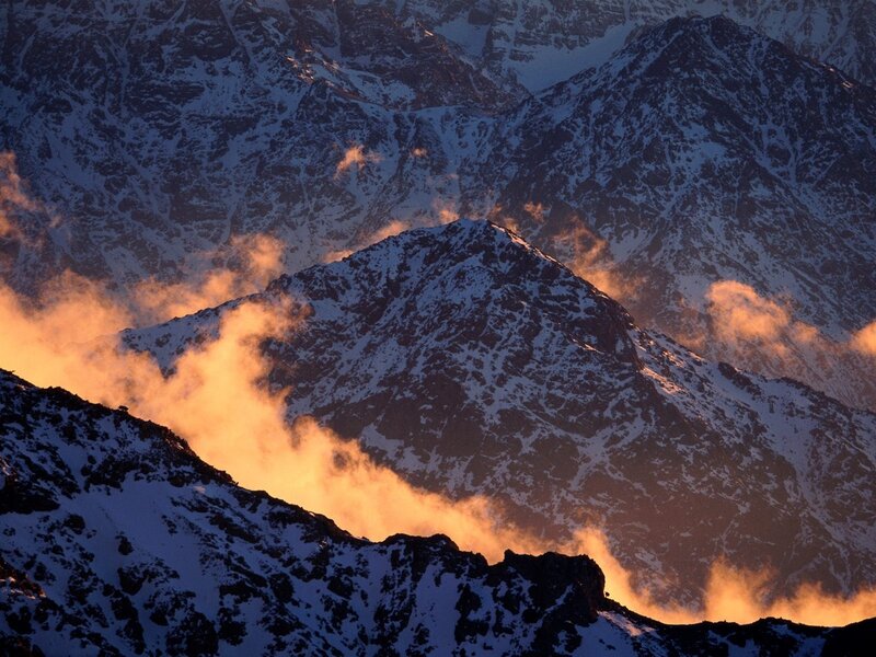 Snow-covered Mountain Peaks — Orange, Dramatic, Sunrise